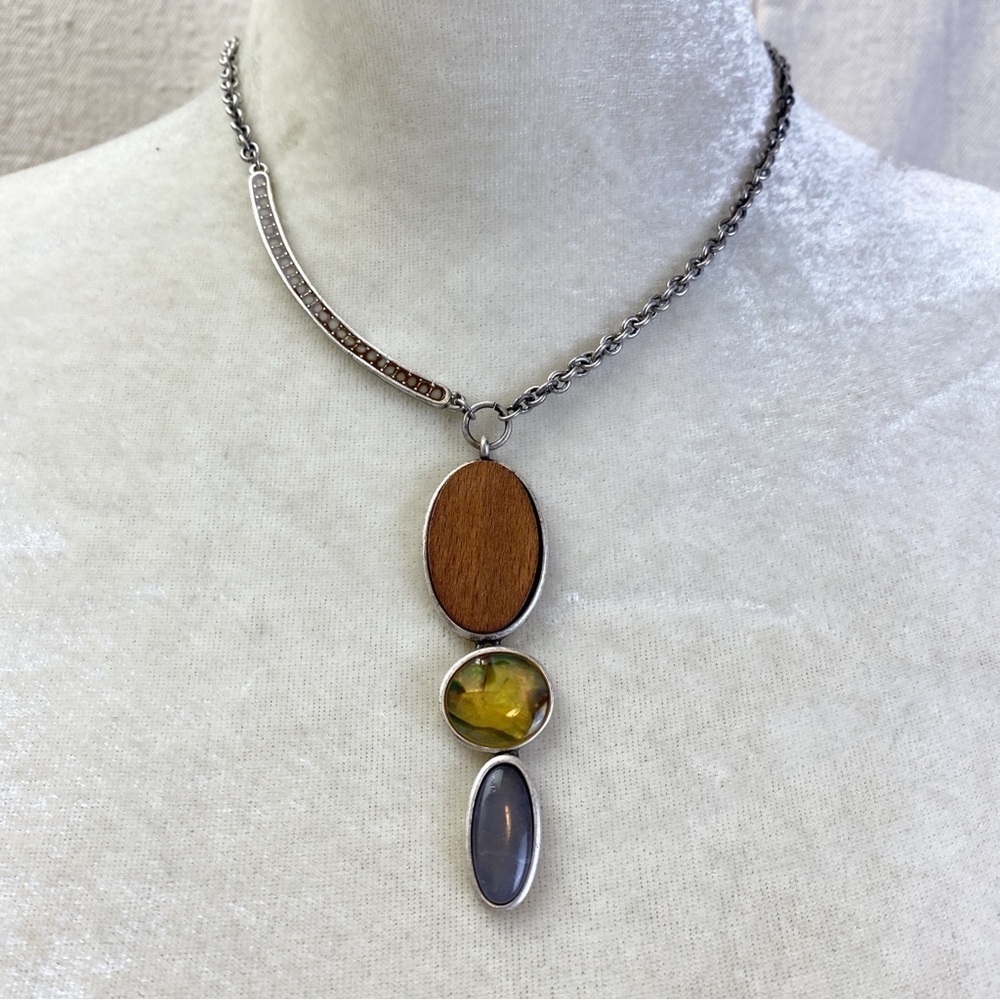 Xiomara Castro XC wood, faux abalone and stone cabochon necklace